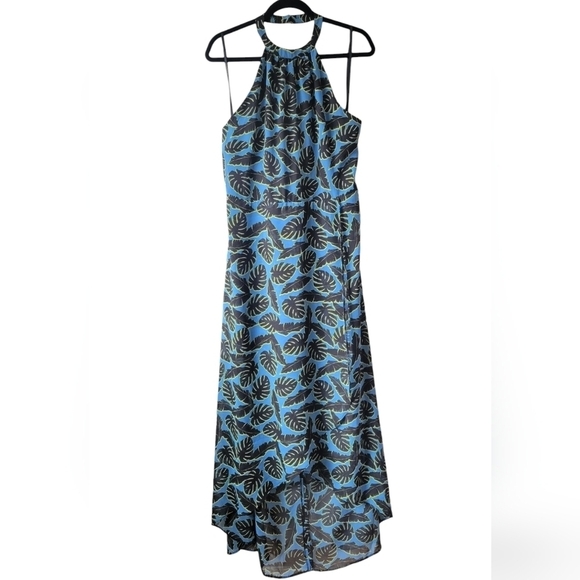 ATMOSPHERE NWT Blue Black Tropical Leaf Halter Maxi Dress High Low Plus Size 14 - Picture 1 of 9